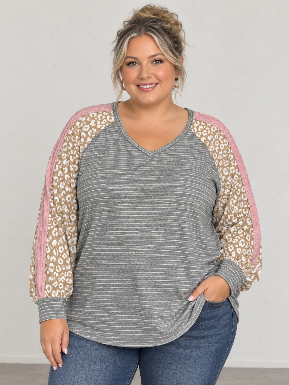 Striped Long Sleeve Top with Leopard Sleeves - Gray & Pink